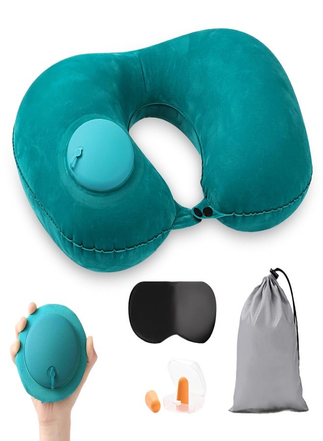 CoolShef وسادة رقبة قابلة للنفخ من كول شيف، وسادة هوائية على شكل حرف U مع سدادات أذن، وعصابة للعينين، وحقيبة صغيرة - وسادة سفر ناعمة للطائرة والقطار والسيارة والقيلولة في المكتب - Image 1